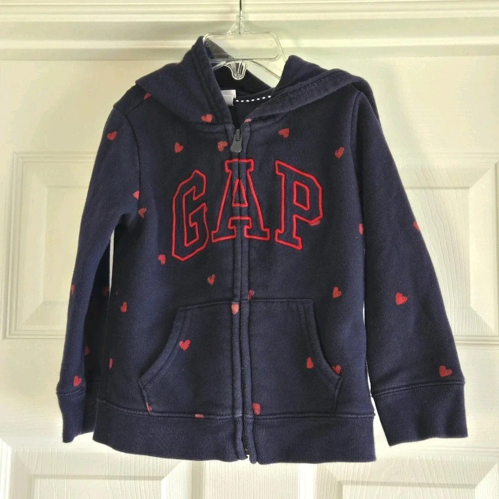 Baby Gap Logo Heart Print Full Zip Navy Hoodie Kids Size‎ 3 Sweatshirt Cotton